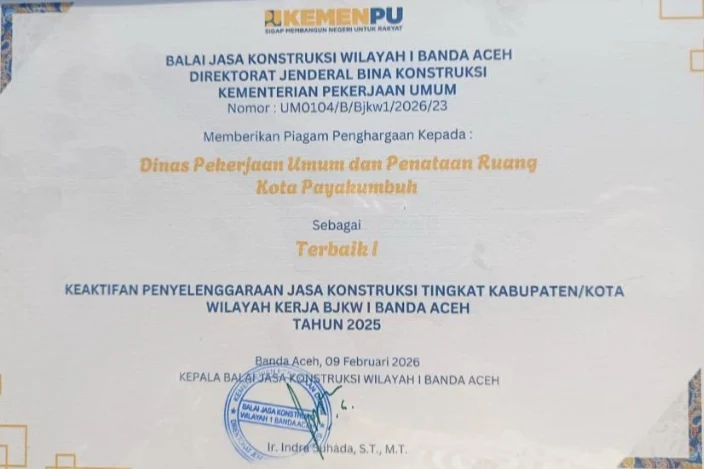 Dinas PUPR Payakumbuh Raih Penghargaan Terbaik I Kinerja Jasa Konstruksi Wilayah I Banda Aceh