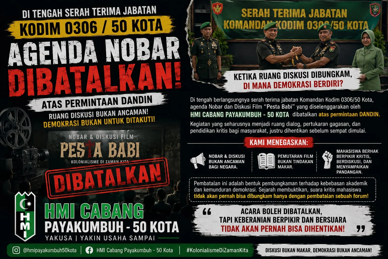 Nobar dan Diskusi Film “Pesta Babi” yang Digelar HMI Cabang Payakumbuh–50 Kota Dibatalkan, Soroti Ruang Kebebasan Akademik